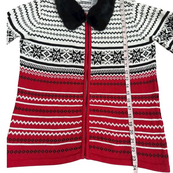 Vtg Villager Sport Petite M Fair Isle Sweater Faux Fur Collar Full Zip Holiday - Picture 5 of 10
